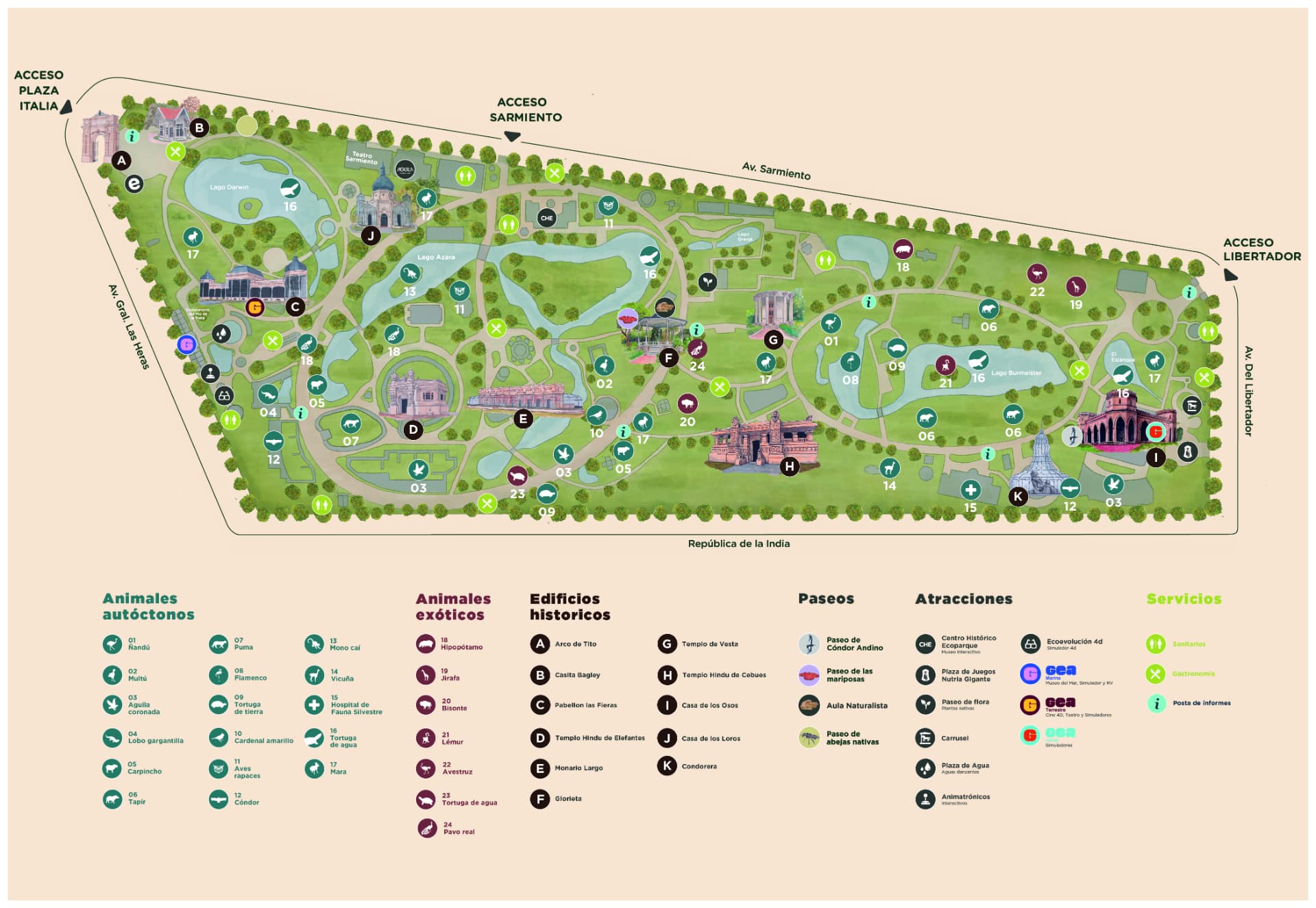 Plano ilustrado oficial del Ecoparque Buenos Aires con animales, edificios históricos, paseos, atracciones, servicios y accesos